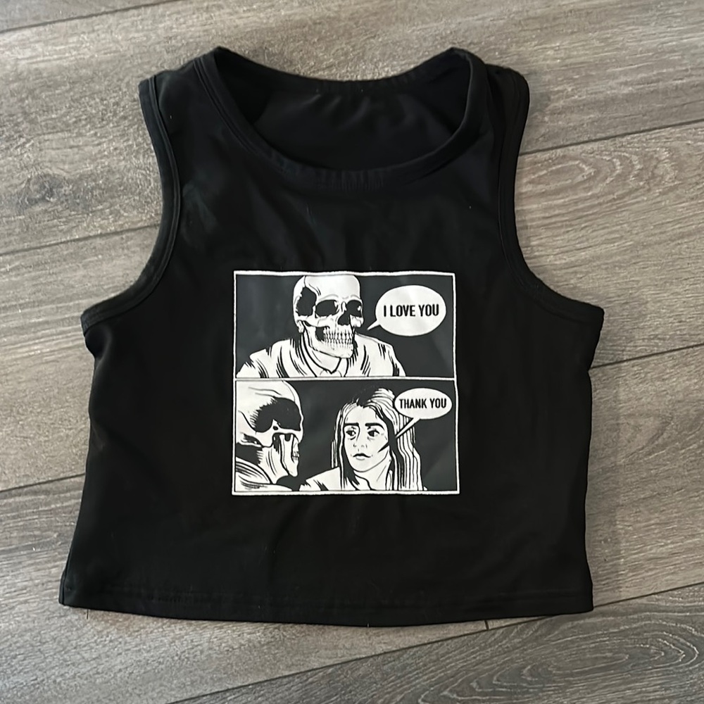 Black Graphic skull I love you Crop tank Top
